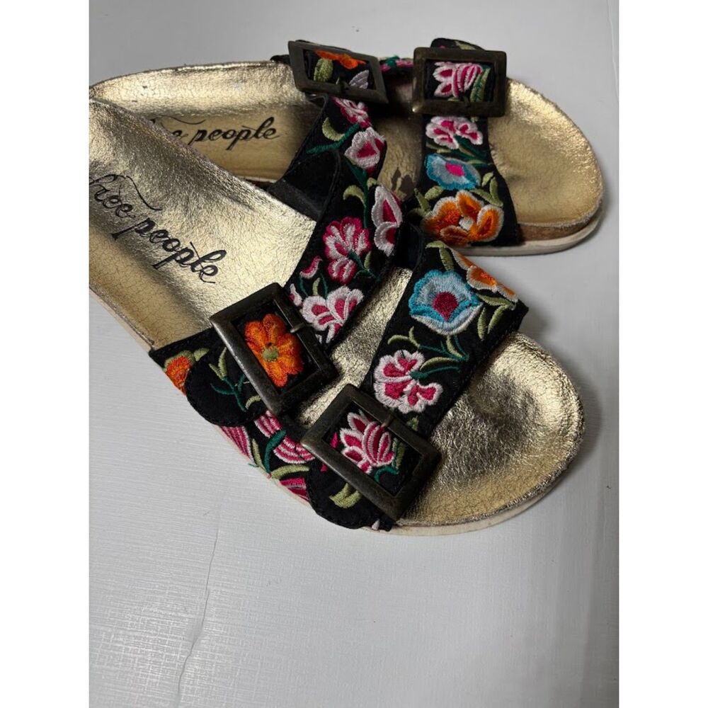 Free People Bali Slide Sandal Black Size 39 Embroidered Boho Artsy Floral Resort - Picture 2 of 5